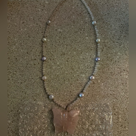 Price is FIRM Lee Sands Rose Quartz and pearl Butterfly Necklace - Picture 2 of 6